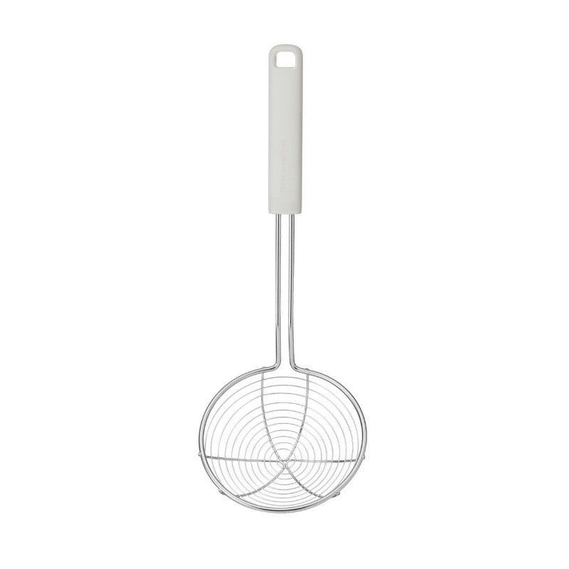 Metal strainer with a white handle on a white background