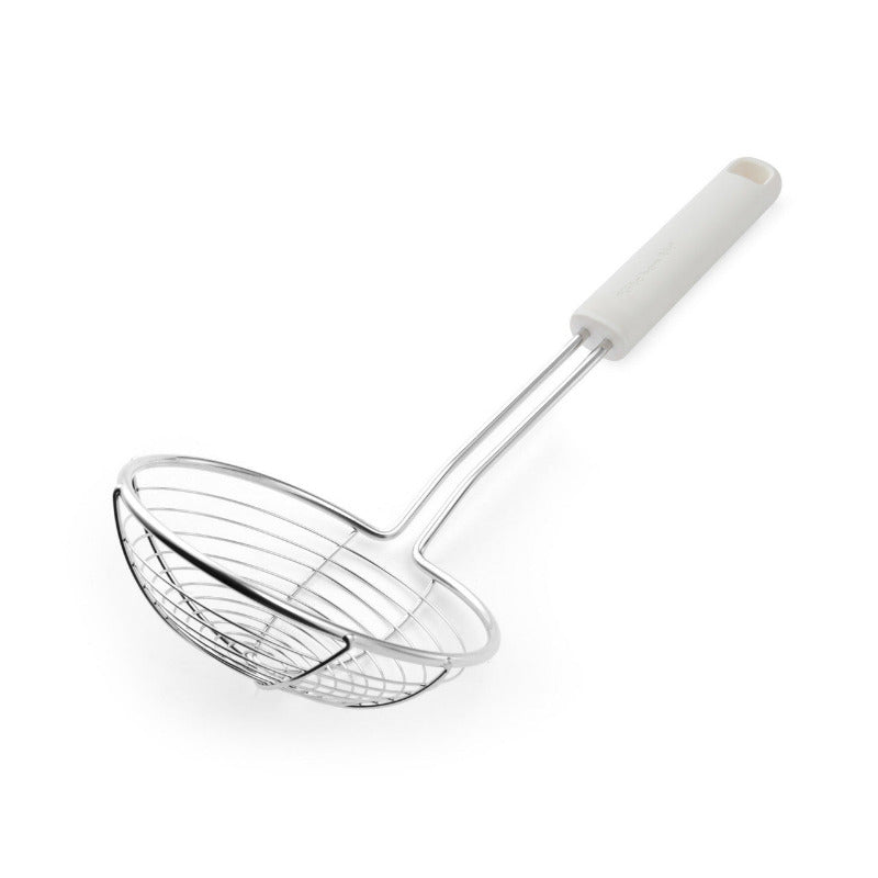 Metallic ladle with a white handle on a white background