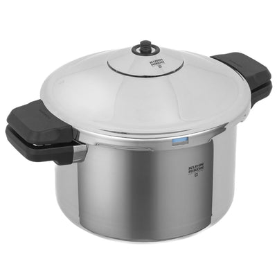 Stainless steel pressure cooker with black handles on a white background