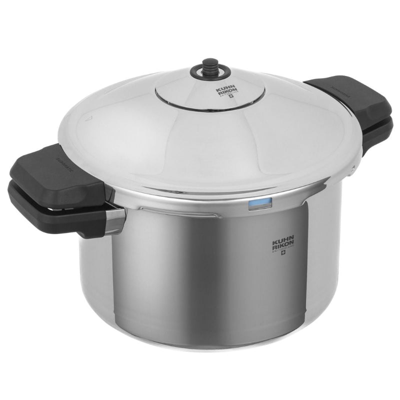 Stainless steel pressure cooker with black handles on a white background