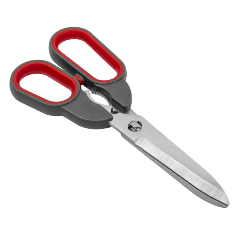 Scissors with red handles on a white background