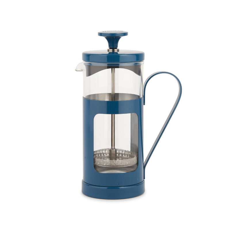 Blue French press coffee maker on a white background
