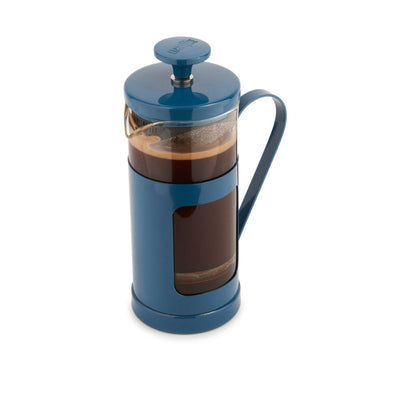Blue French press with coffee on a white background