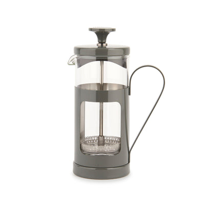 Gray French press coffee maker on a white background