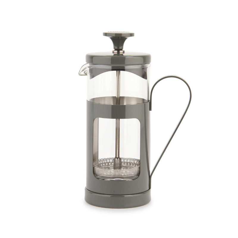 Gray French press coffee maker on a white background