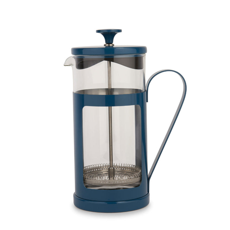 Blue French press coffee maker on a white background