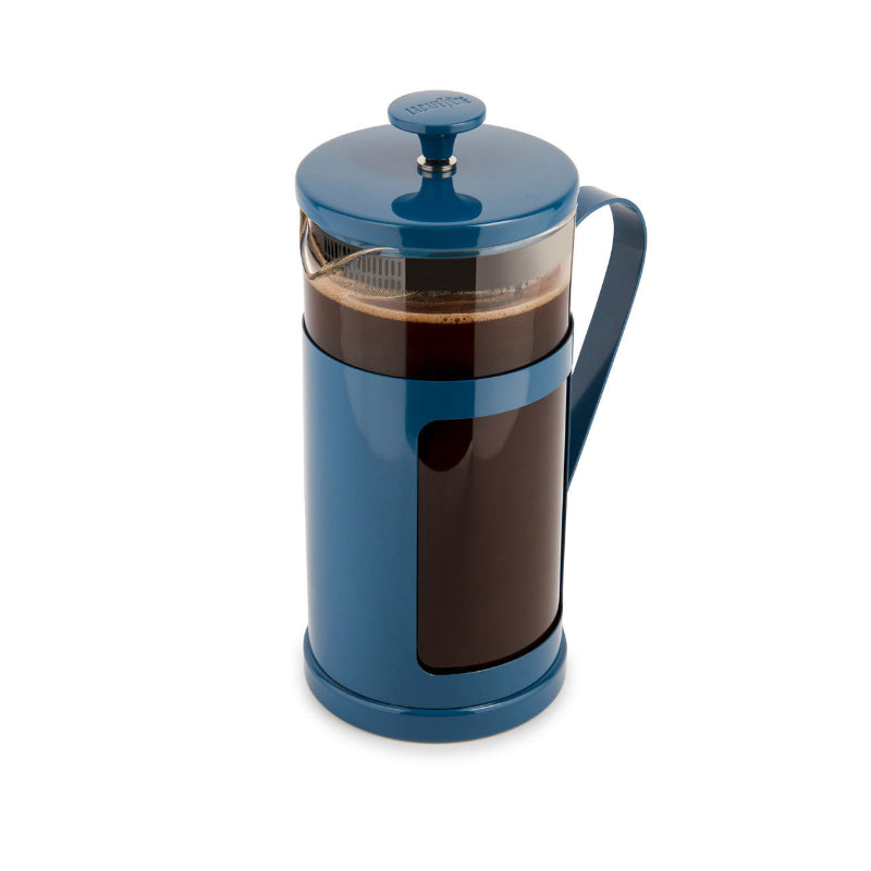 Blue French press with coffee on a white background
