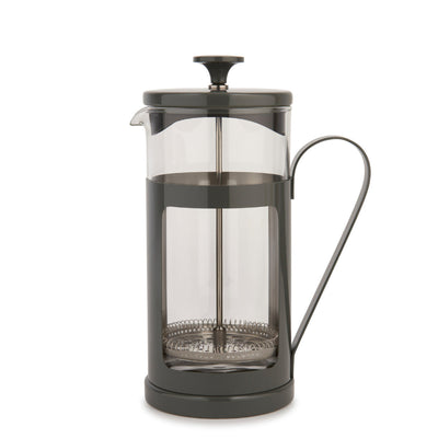 French press coffee maker with a black exterior on a white background