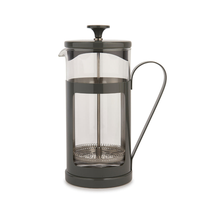 French press coffee maker with a black exterior on a white background