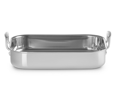 Silver rectangular tray with handles on a black background