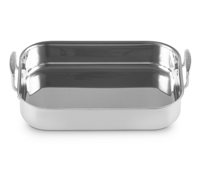 Stainless steel roasting pan on a white background