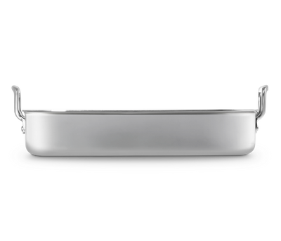 Silver rectangular tray with handles on a white background
