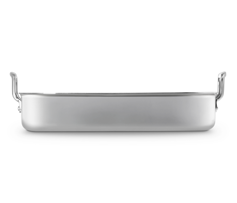 Silver rectangular tray with handles on a white background