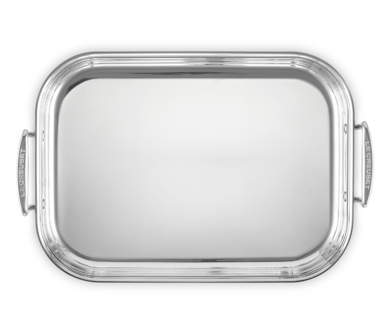 Silver tray with handles on a white background