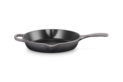 Black cast iron skillet on a white background