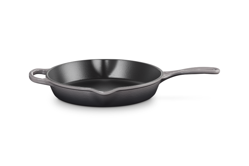 Black cast iron skillet on a white background