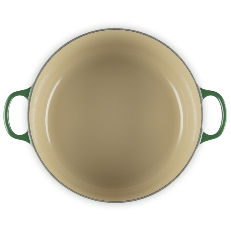 Green enameled cast iron skillet on a white background