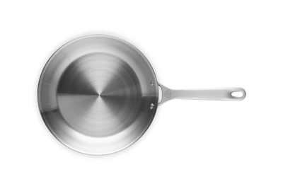 Stainless steel frying pan on a white background