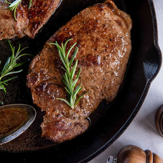 Pan-seared steak in Le Creuset enamelled cast iron