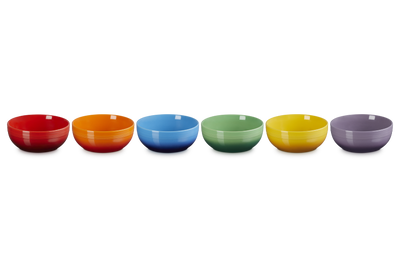 Set of six colorful bowls on a white background