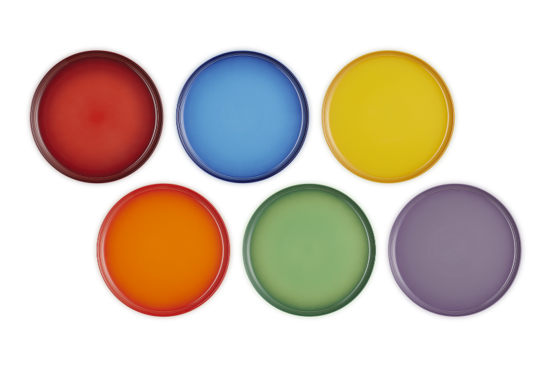 Set of six colorful circular objects on a white background