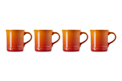 Four orange mugs with a brand logo on a white background