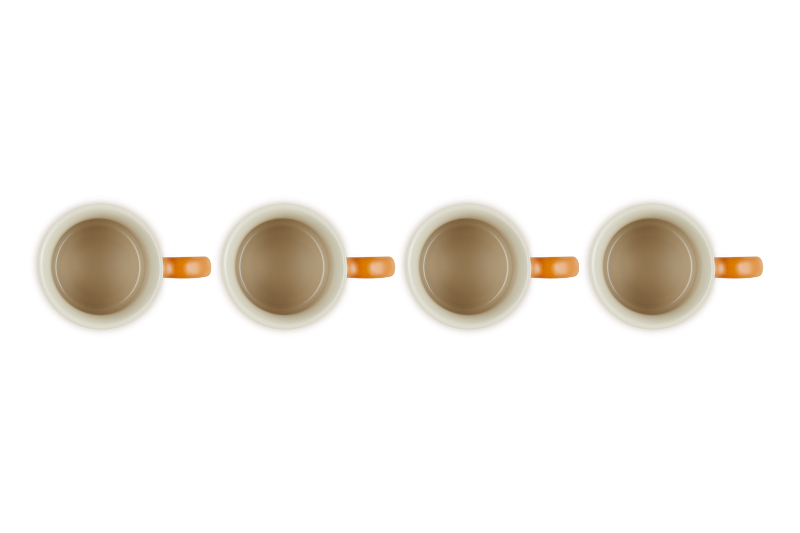 Four white mugs with orange handles on a white background