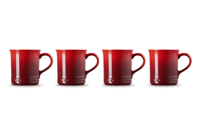 Four red mugs of varying sizes on a white background
