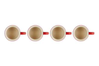 Four red-rimmed ceramic mugs on a white background