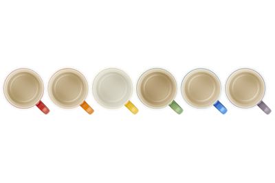Set of seven mugs with colorful handles on a white background