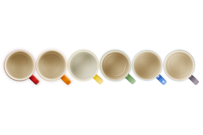 Set of six mugs with color-coded handles on a white background
