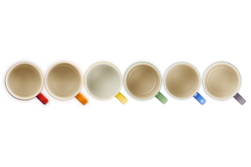 Set of six mugs with color-coded handles on a white background