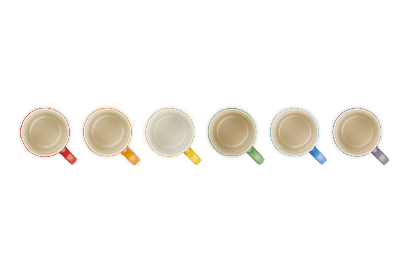Set of six ceramic mugs with colorful handles on a white background