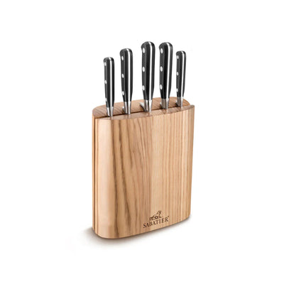 Set of knives in a wooden block with Sabatier branding on a white background