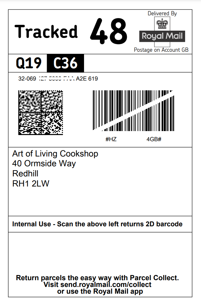 Royal Mail Label Example Royal Mail Return Label – Art of Living Cookshop