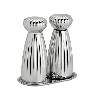 Silver salt and pepper shakers on a white background