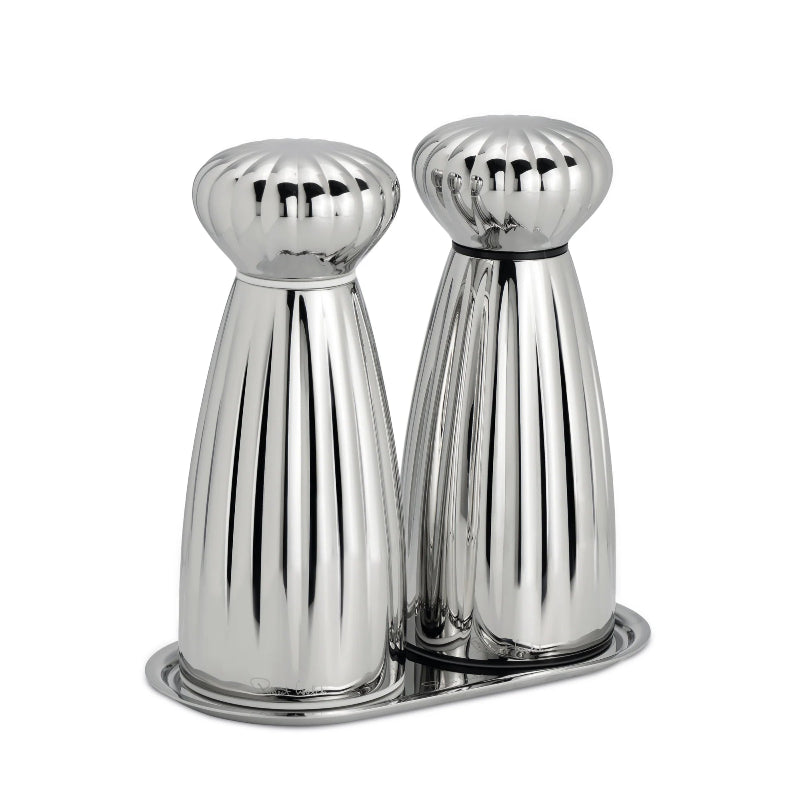 Silver salt and pepper shakers on a white background