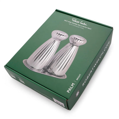 Green packaging box for salt and pepper mills with a silver illustration of the product on a white background