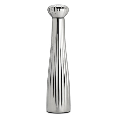 Silver pepper grinder on a white background