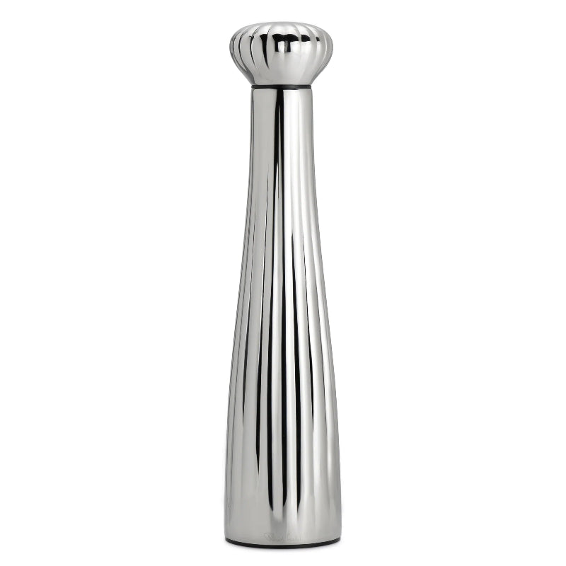 Silver pepper grinder on a white background