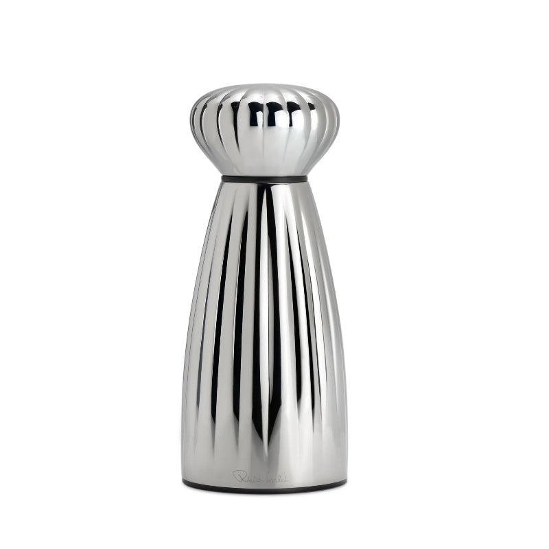 Silver pepper grinder on a white background