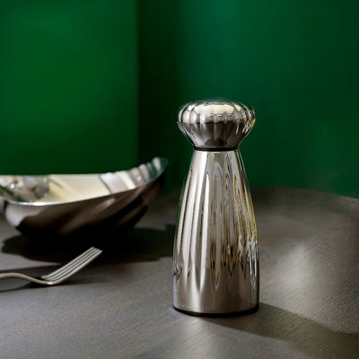 Silver salt shaker on a table with a green background