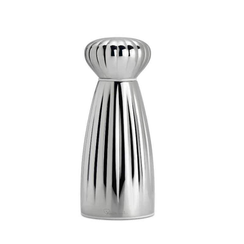 Silver pepper grinder on a white background