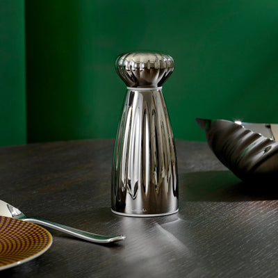 Silver salt shaker on a dark surface with a green background