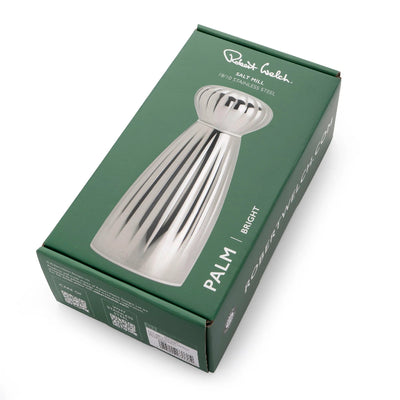 Green packaging box for a salt mill with 'Palm' branding on a white background