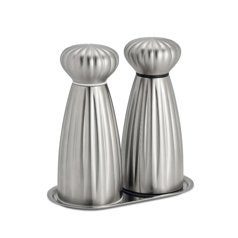 Robert Welch Palm Satin Medium Salt & Pepper Mills with Stainless Steel Tray