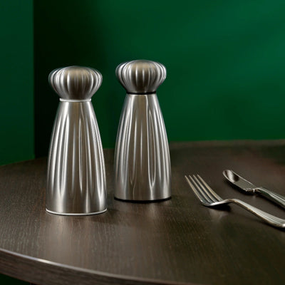 Robert Welch Palm Satin Medium Salt & Pepper Mills with Stainless Steel Tray