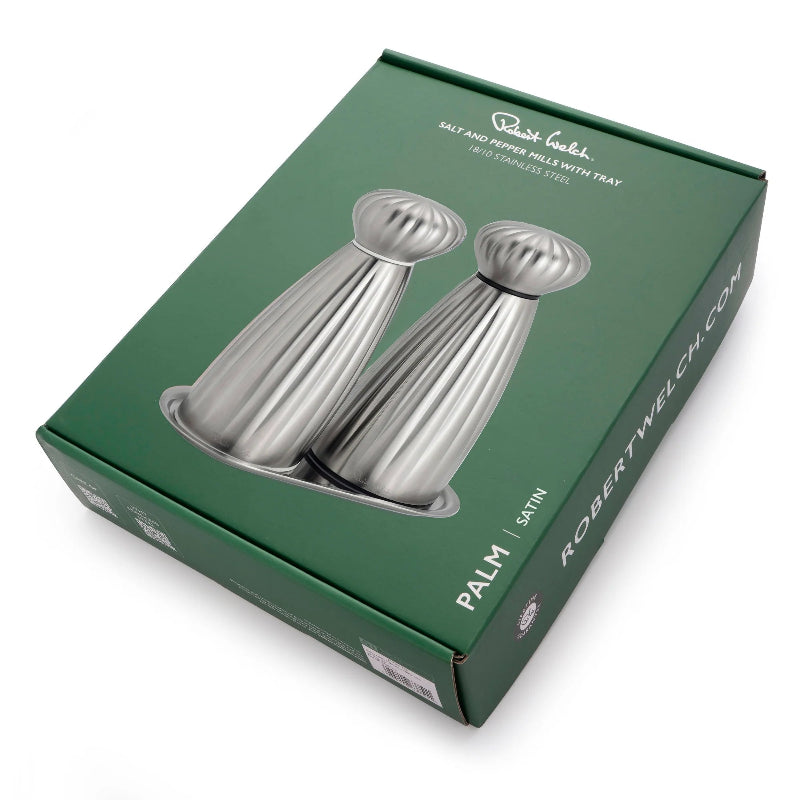 Robert Welch Palm Satin Medium Salt & Pepper Mills with Stainless Steel Tray