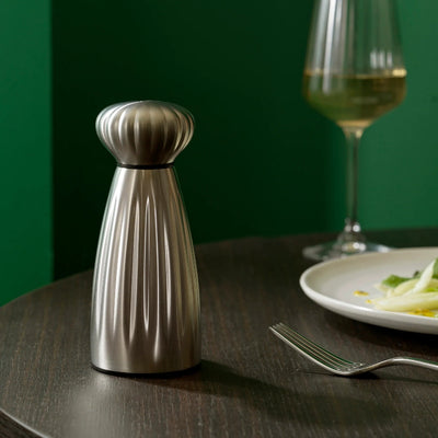 Silver salt shaker on a wooden table with a glass of white wine and a plate of food in the background.