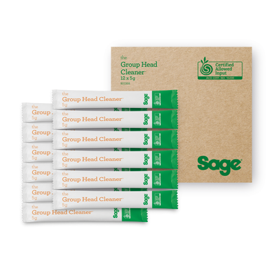 Multiple packets of 'Group Head Cleaner' by Sage with a cardboard box on a white background